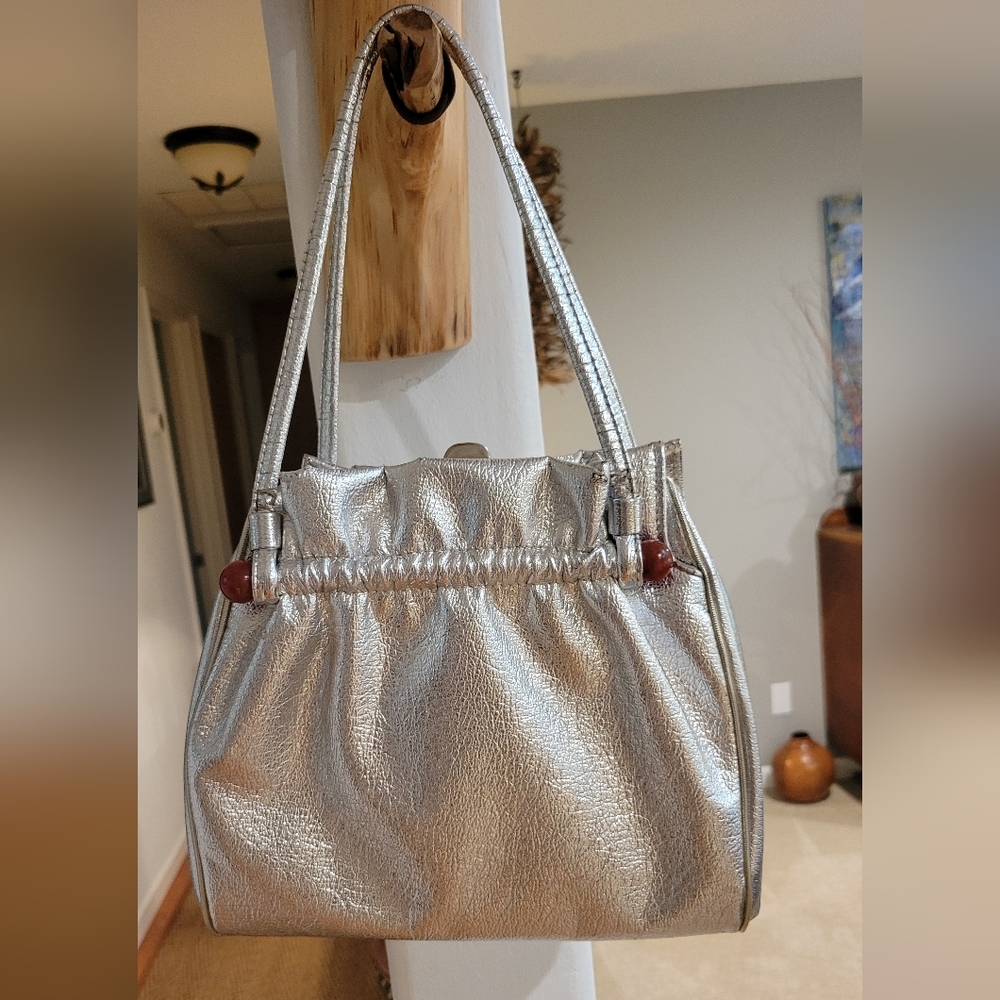 1960s Silver Faux Leather, Handbag With Tortoiseshell Detail. Vintage